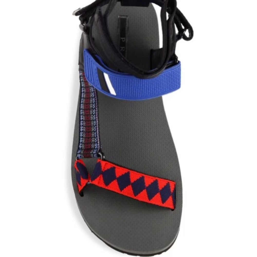 NWOT. Prada Red and Navy Geometric Strap Sandals. Size Women/8.5  Men/6